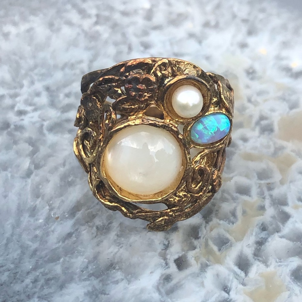 Israel Vermeil Sterling Silver Opal Pearl Ring 7